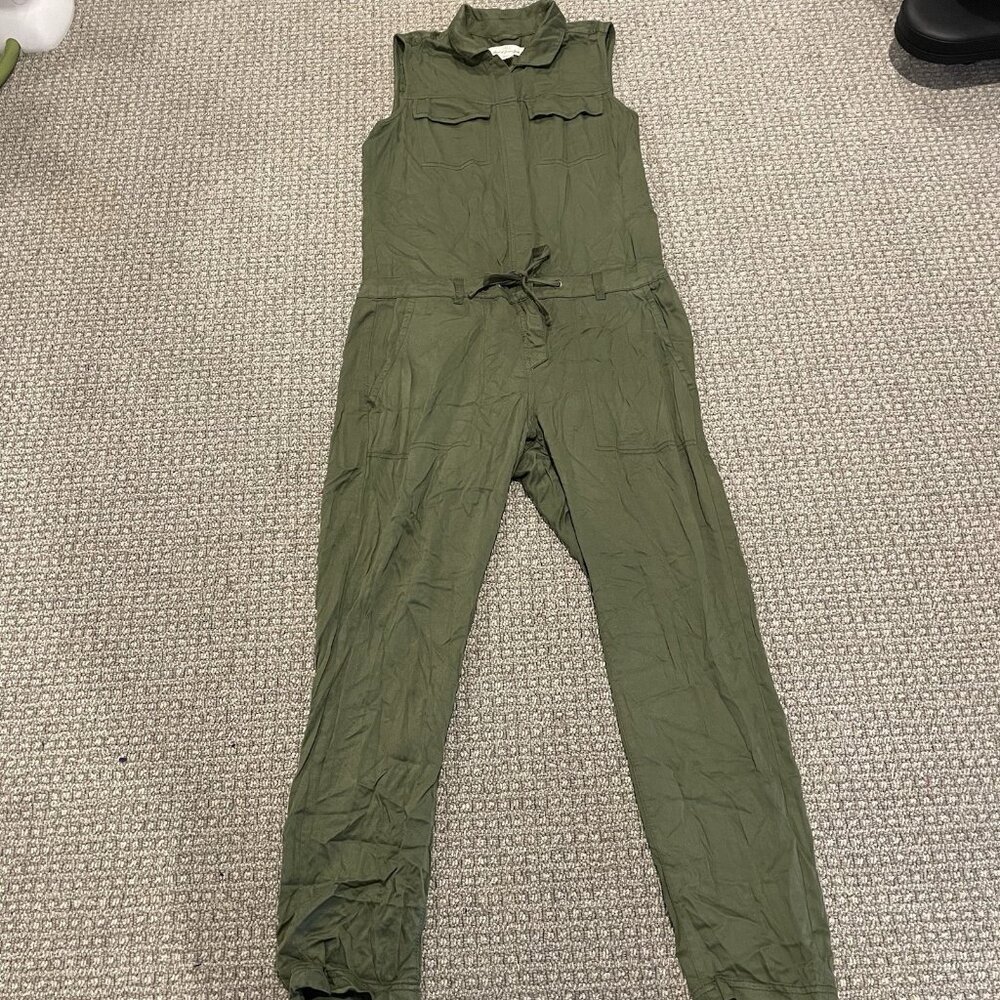 H&M Jumpsuit Womens 10 Utility Pants Olive Green Sleeveless Tie Hidden Buttons